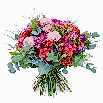 A mixed flower bouquet with white and pink carnations, chrysanthemums, spray roses.