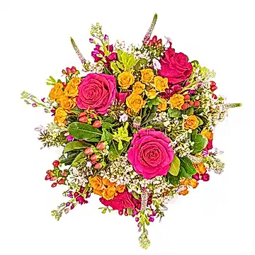 Bring the joy of the season with our hand-tied bouquet of cerise pink roses and orange spray roses.