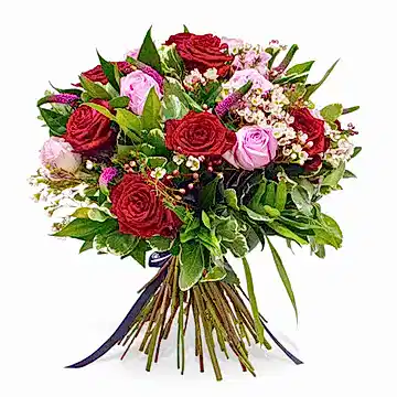 Bouquet with luxury Red Naomi roses, pink roses, wax and Veronica flowers and eucalyptus foliage