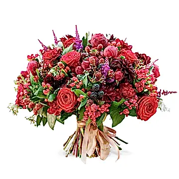 Luxury bouquet of Red Naomi roses, Red Piano spray roses, burgundy dahlias, red bouvardia, red hypericum, burgundy carnations and red amaranthus